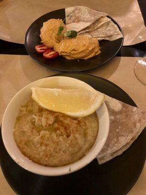 Hummus and Cheddar Dips  at Veganaki in Athens
