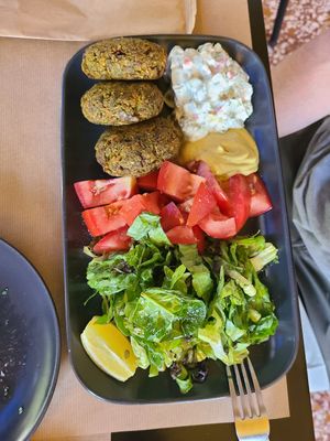 Vegan bean patty platter at Veganaki in Athens