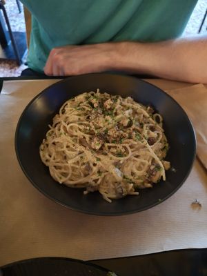 Vegan carbonara at Veganaki in Athens
