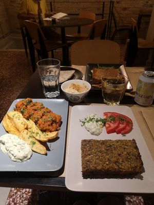 Soutzoukakia,  zucchini pie and pastitsio at Veganaki in Athens