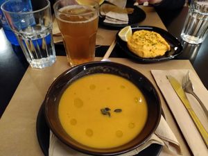 Pumpkin soup and ice tea at Veganaki in Athens