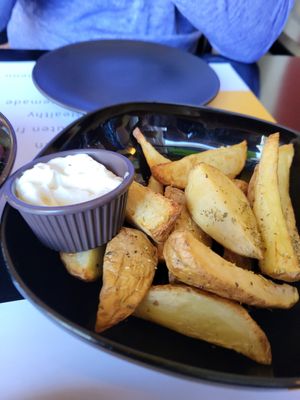 Chips with mayo type dip at Veganaki in Athens