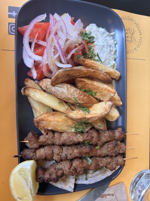 Souvlaki on a plate   at Veganaki in Athens