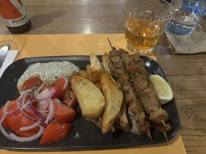 Vegan souvlaki with potatoes, tzatziki and vegetables   at Veganaki in Athens