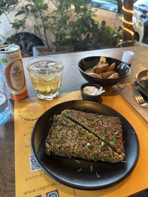 Courgette pie and airfried potatoes   at Veganaki in Athens