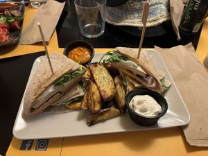 Smoked tofu club sandwich   at Veganaki in Athens