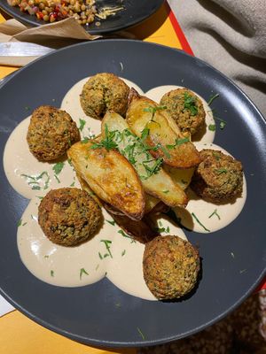 Keftedakia made from chickpeas with potatoes and tahini at Veganaki in Athens