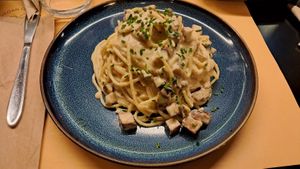 Vegan carbonara  at Veganaki in Athens
