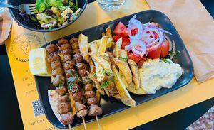 Souvlaki from soy on a plate  at Veganaki in Athens