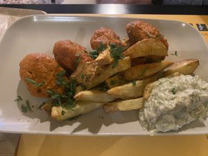 “Meatballs” and air fry potatoes with Tzatziki Sauce.   at Veganaki in Athens