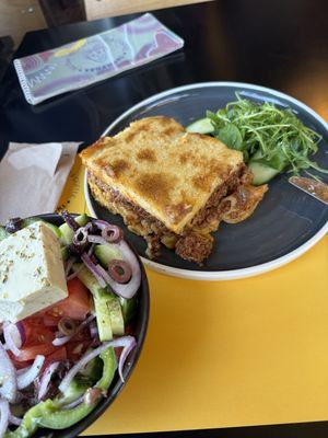 Greek side salad with cashew feta, and Pastitsio   at Veganaki in Athens