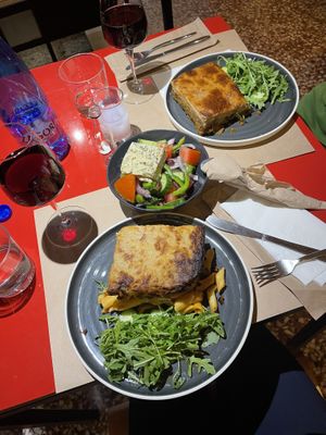 Pastitsio, Greek salad, and moussaka  at Veganaki in Athens