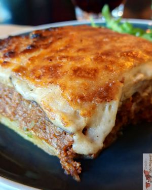 Moussaka : Vegan twist on the traditional dish, made with eggplant,
potatoes, red lentil “mince,” and a creamy béchamel
sauce from cauliflower and almond milk. at Veganaki in Athens