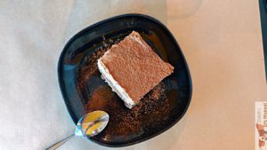 Tiramisu : Raw vegan treat made with cashews, walnuts, dates,
espresso, coconut oil, and maple syrup. at Veganaki in Athens