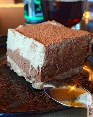Tiramisu : Raw vegan treat made with cashews, walnuts, dates,
espresso, coconut oil, and maple syrup. at Veganaki in Athens