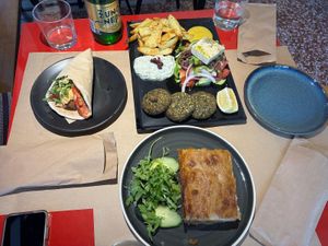 Moussaka, tempeh gyros and greek veganaki special at Veganaki in Athens