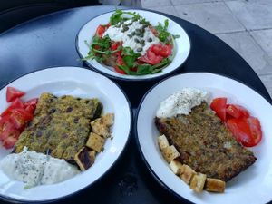 Pies and salad at Veganaki in Athens