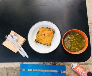 Mushroom soup& this Greek thing with greens (gluten free) at Veganaki in Athens