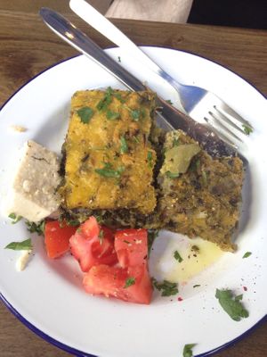 Spinach pie and eggplant pie with cashew cheese at Veganaki in Athens