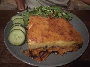 Delicious bechamel on this moussaka. at Veganaki in Athens