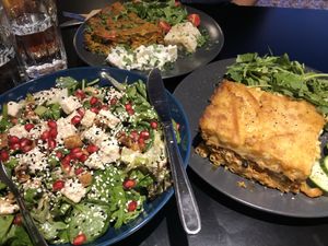 Gourmet salad, vegan omelette and pastitsiou at Veganaki in Athens