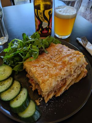 pastitsio and local beer at Veganaki in Athens