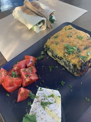 Spinach pie and falafel wrap at Veganaki in Athens