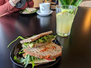 Me and my friend went half and half on the cheese and avocado sandwich, lovely! Cinnamonade is also a winner! at Veganaki in Athens