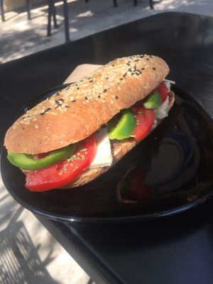 Greek sandwich, vegan feta, tapenade, tomatoes and green peppers  at Veganaki in Athens