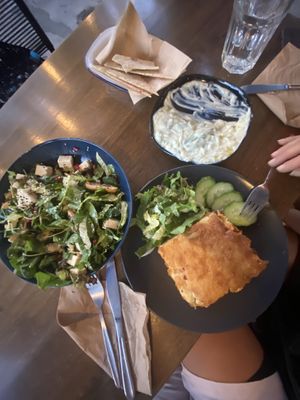 Moussaka, salad, tzatziki and pita  at Veganaki in Athens