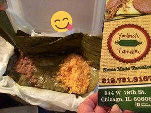 Vegan tamale with arroz y frijoles at Yvolina's Tamales in Chicago