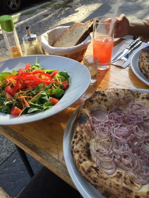 Insalata Mista, pizza, drinks (limoncello and aperol drink - super good!) at La Stella Nera in Berlin