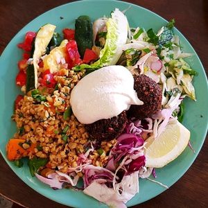 Salad Plate with 3 Falafels at Very Good Falafel in Brunswick