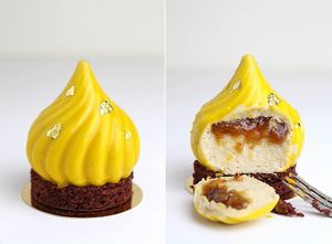 Vegan mini cakes. Chocolate cake, caramelized bananas, caramel white chocolate based mousse, banana glaçage. Decorations: edible gold (24k)   at Physalis in Warsaw