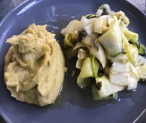 Sweet potato purée and marinated strips of zucchini at Joe's Place in Pico