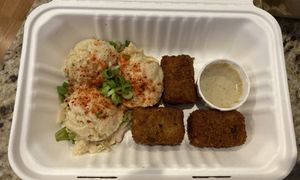The potato salad and the giant tater tots with dill sauce. at Obon Shokudo in Portland