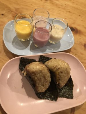 Onigiri and a flight of little yogurt digestive drinks  at Obon Shokudo in Portland