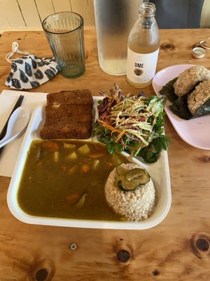 Curry katsu, onigiri, and ume drink! at Obon Shokudo in Portland