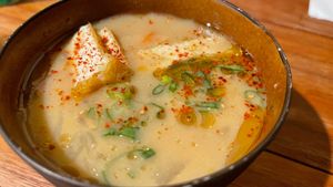 Delicious curry soup with tofu and green onion at Obon Shokudo in Portland