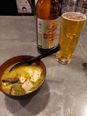 Kirin and miso soup at Obon Shokudo in Portland