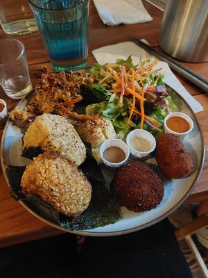 Combo plate with extra spicy sauce at Obon Shokudo in Portland