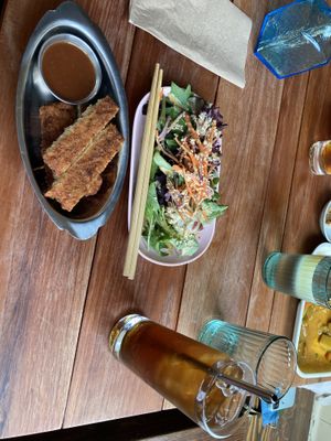 Tofu katsu and salad with hogicha teaa  at Obon Shokudo in Portland