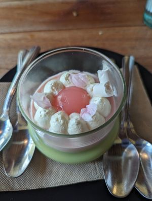 Seasonal matcha Sakura Panna cotta. at Obon Shokudo in Portland