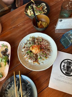 Okonomiyaki with house kimchi  at Obon Shokudo in Portland