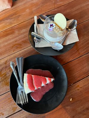 Strawberry cheesecake and earl grey lavender panna cotta. Yum!!  at Obon Shokudo in Portland