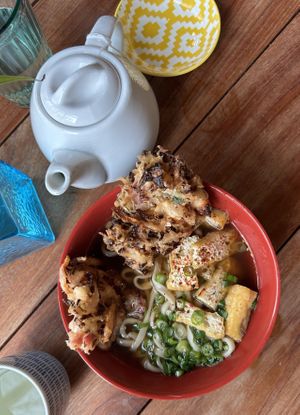 Tempura udon and tea  at Obon Shokudo in Portland