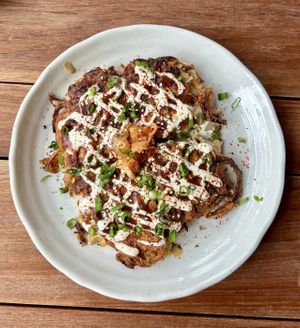 Okonomiyaki with kimchi  at Obon Shokudo in Portland