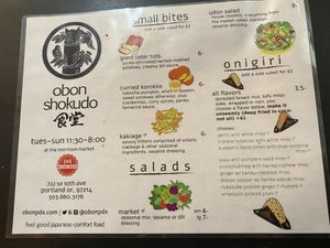 Current menu at Obon Shokudo in Portland