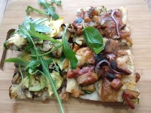 Vegan ratatouille, with eggplant and zucchini, and a vegan slice with artichoke and greens.  at Pizz'arome in Strasbourg