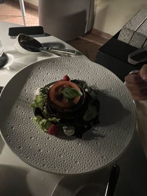 Vegan eggplant with tomatoes and vegan cream  at Mater Terrae in Rome